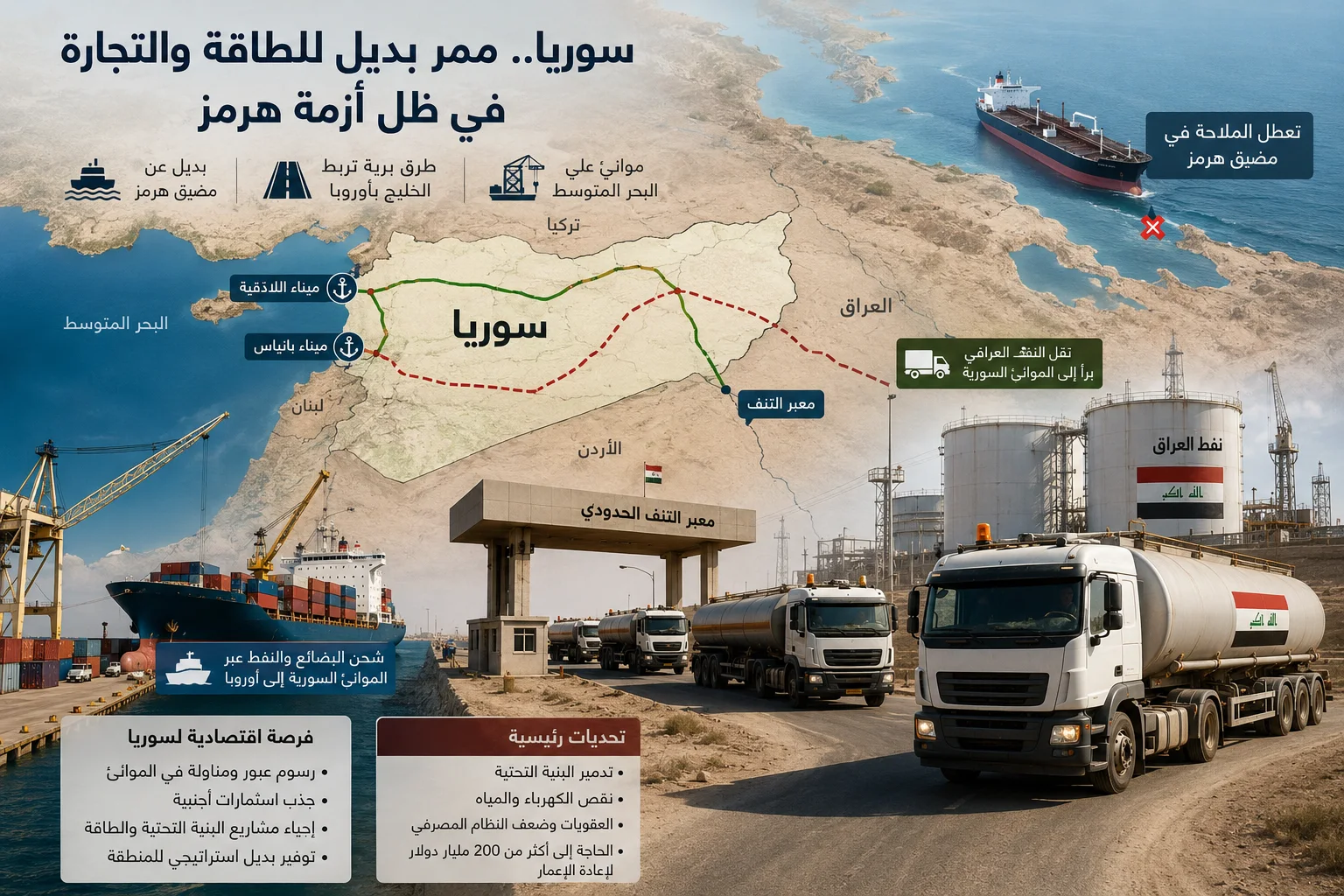 سوريا تستثمر أزمة هرمز وتتحول إلى ممر بديل للطاقة والتجارة في المنطقة