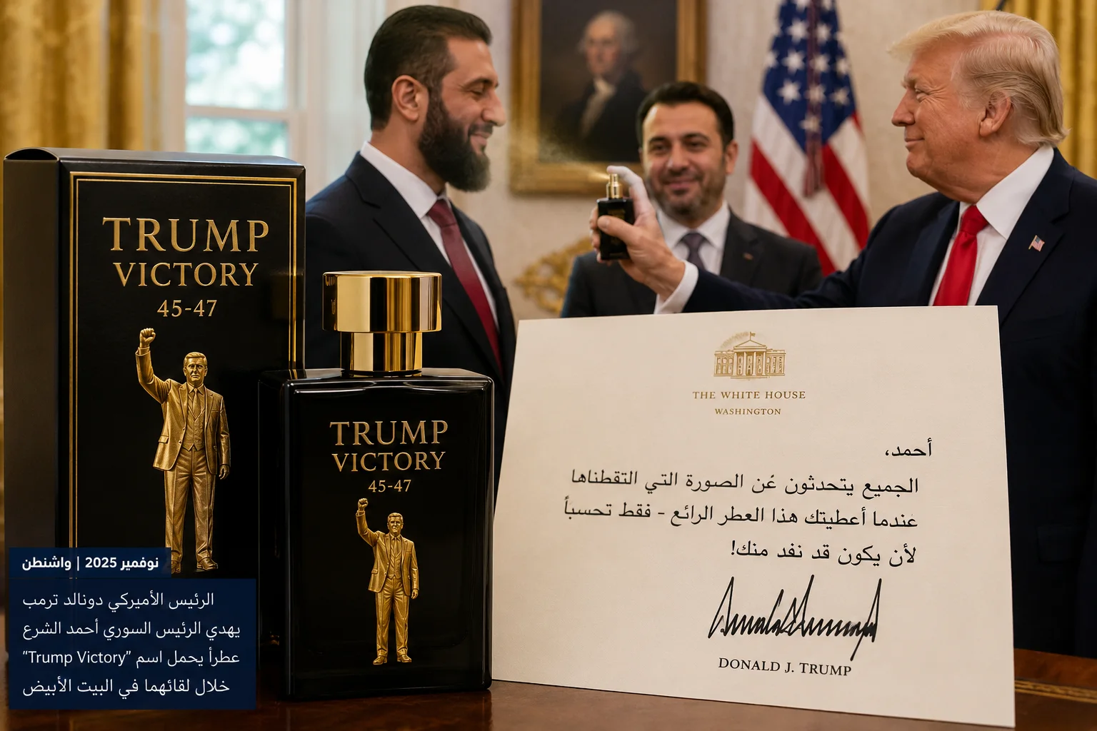 “لقاء يترك عطراً”: ترمب يبعث هدية ورسالة شخصية إلى الرئيس السوري أحمد الشرع ويجدد أجواء التقارب بين واشنطن ودمشق